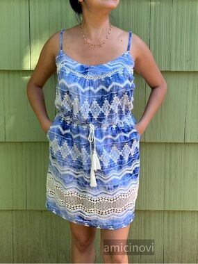 Blue and white tie dye crochet lace sundress short dress